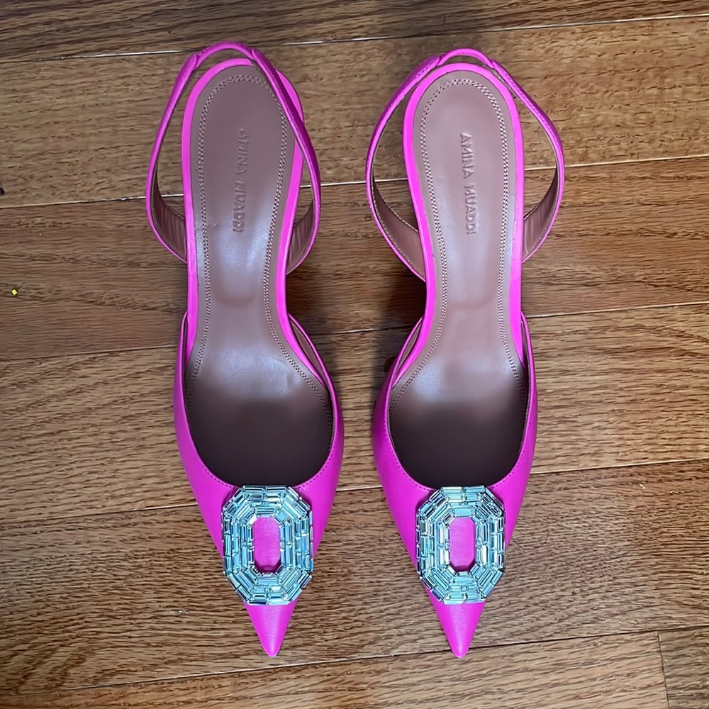 Amina Muaddi Camelia 90MM Leather Slingback Pumps - Picture 2 of 11